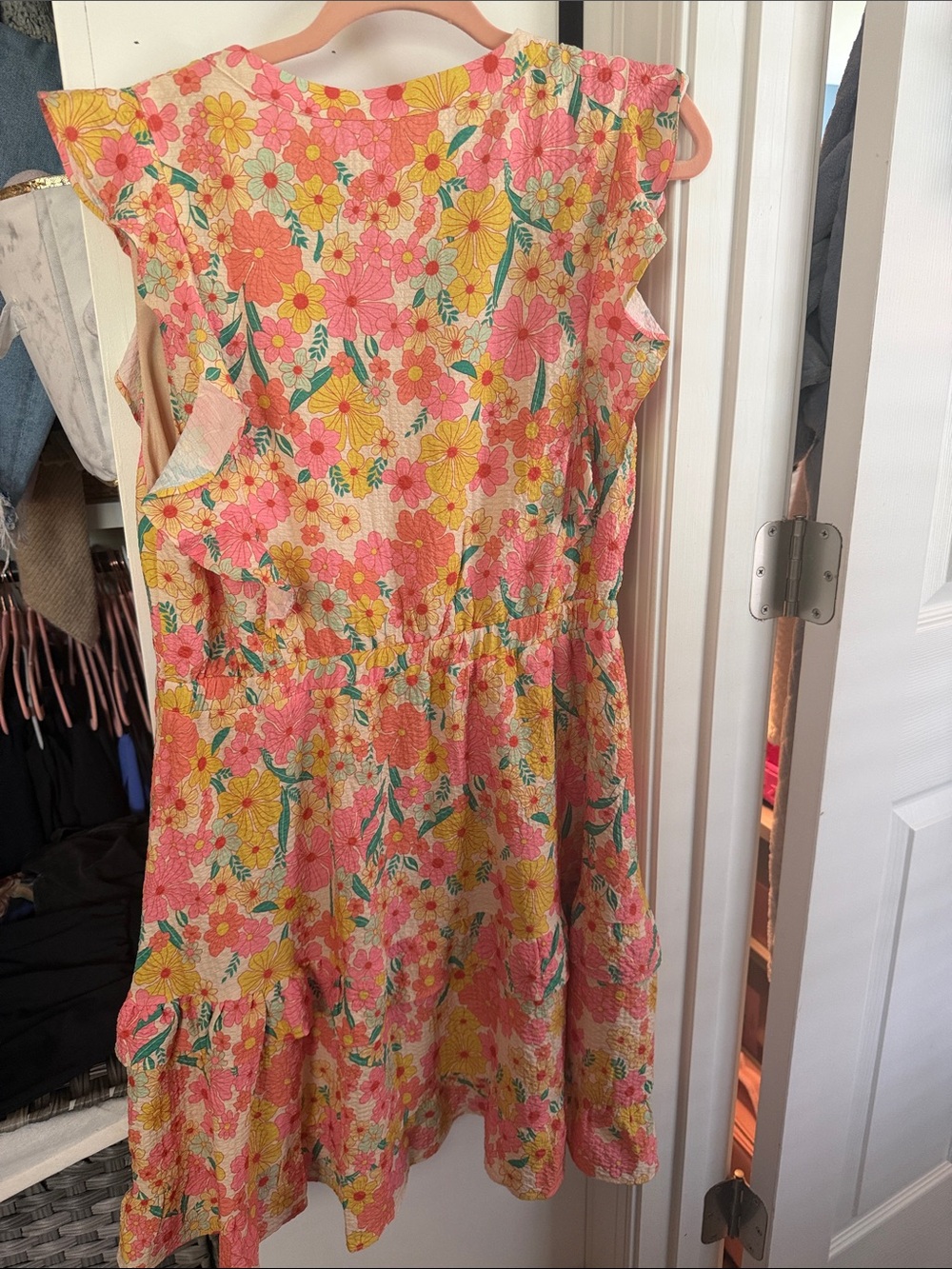 THML Women’s Coral and Yellow Floral Ruffle Dress - Picture 2 of 2